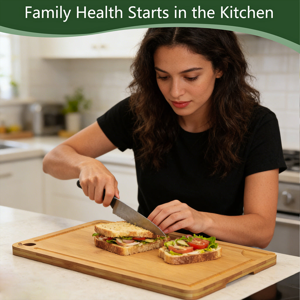 Cutting Board for Kitchen Meal Prep and Serving, Carbonized Bamboo Wood Butcher Block Chopping Board with Deep Juice Grooves and Side Handles for Meat, Bread, and Dough Kneading