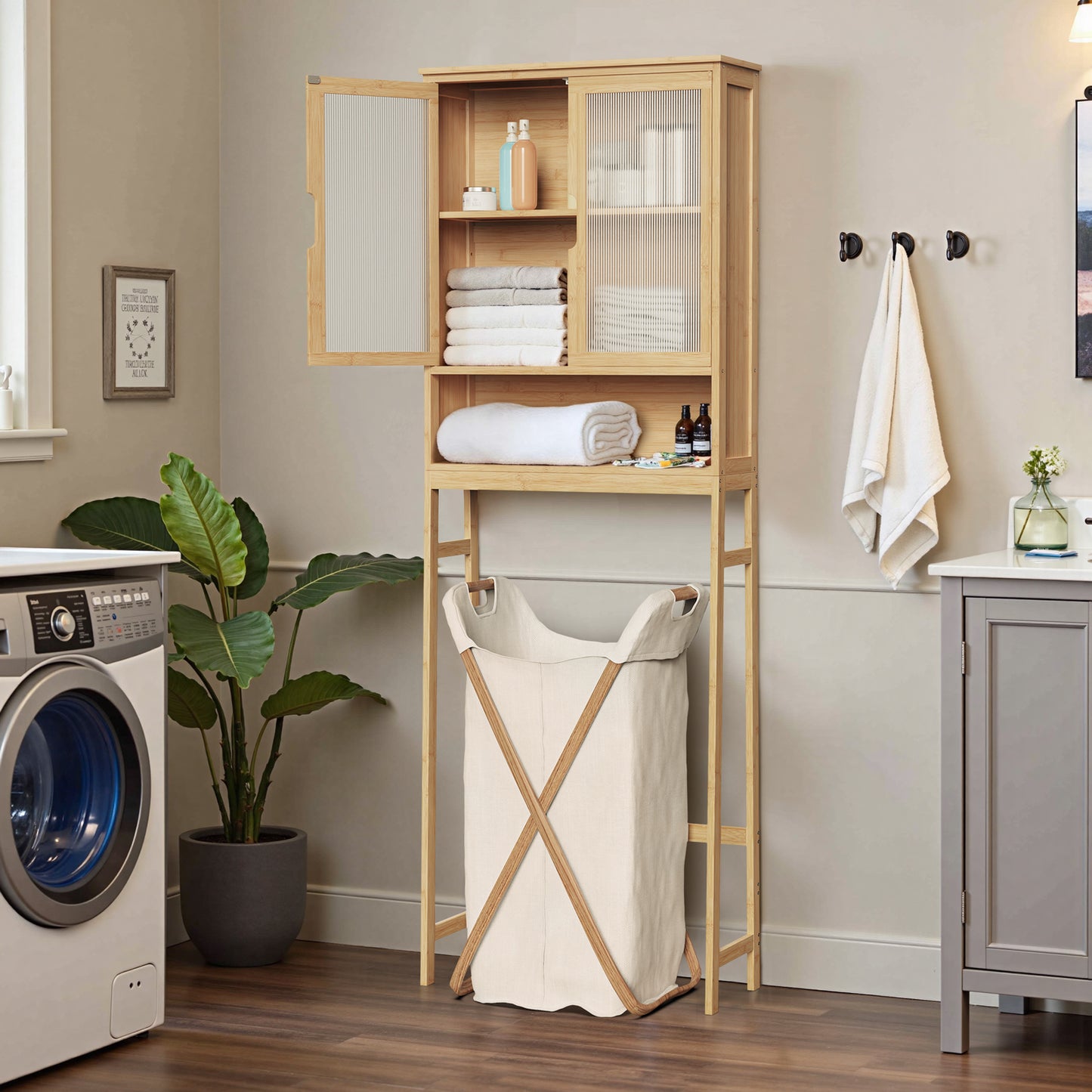 Over The Toilet Storage Cabinet, Bamboo Bathroom Over Toilet Storage Organizer with Adjustable Shelves and Double Doors, Above Toilet Storage Cabinet (Natural)