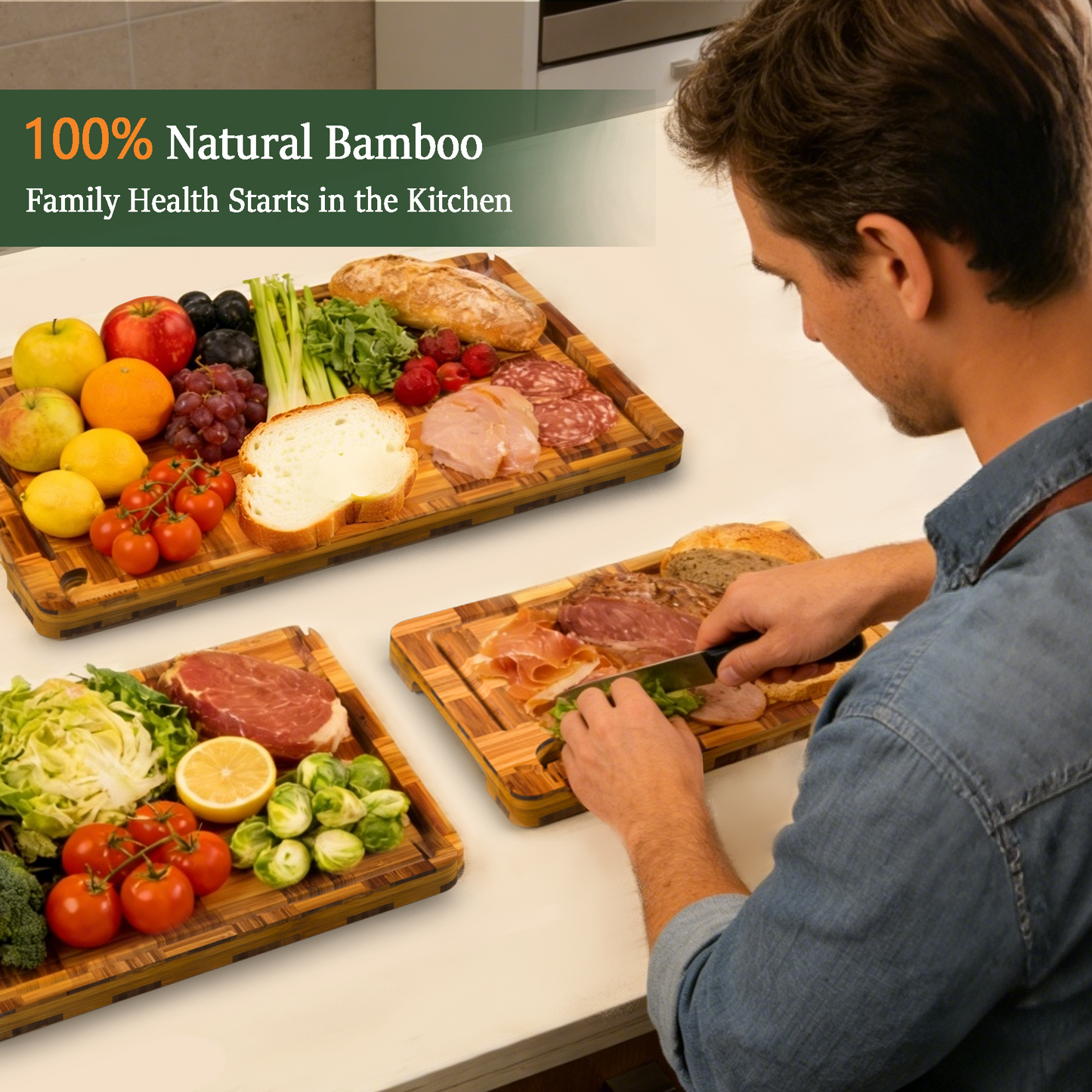Bamboo Cutting Board Set of 3 with Stand, Checkered End Grain Cutting Boards for Kitchen with Deep Juice Grooves for Meat, Cheese, Charcuterie and Kitchen Prep