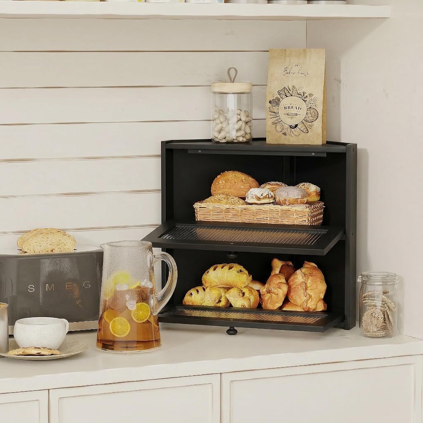 Corner Bread Box for Kitchen Countertop, Double Layer Bamboo Bread Storage Container with Wavy Windows, Farmhouse Large Bread Bin, Wooden Breadbox Holder for Homemade Bread (Black)
