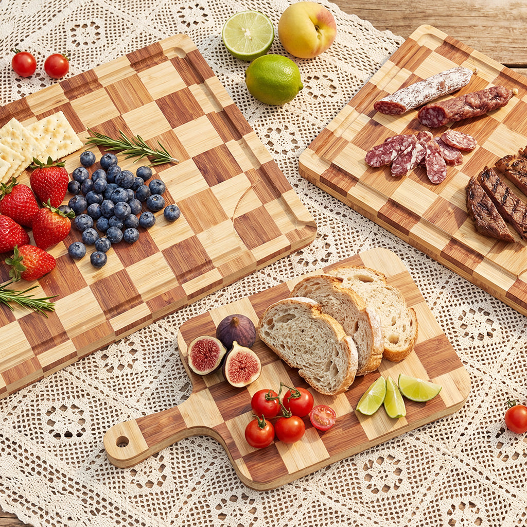Bamboo Cutting Board 17" x 12", Heavy Duty Checkered End Grain Butcher Block for Kitchen with Deep Juice Grooves and Handles for Meat, Cheese, Charcuterie and Gifting