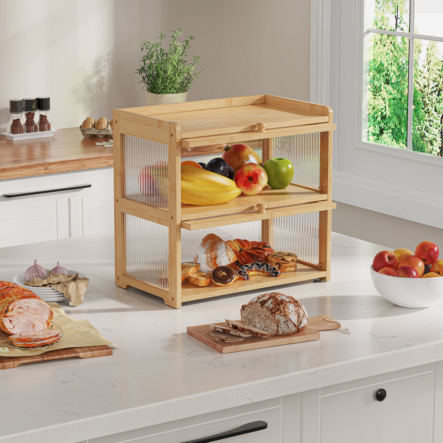 Bamboo Bread Box with 3 Sides Wavy & Back Clear Window (2 Tier)