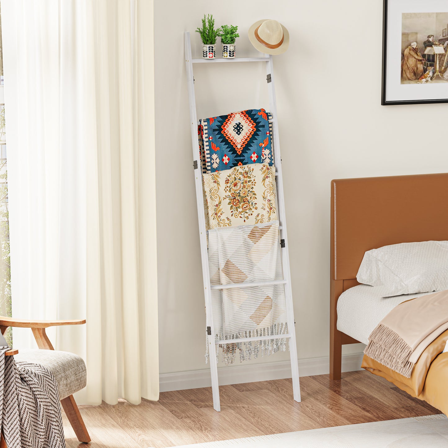 6-Tier Wall Leaning Blanket Ladder Shelf (White)