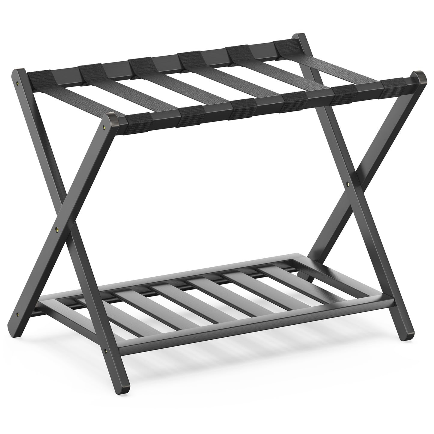 2 Pack Bamboo Luggage Rack for Guest Room, 26.77" Folding Wide Suitcase Stand with Storage Shelf, Thickened Luggage Stand Holder for Bedroom Hotel, Luggage Rack for Suitcases (Black)