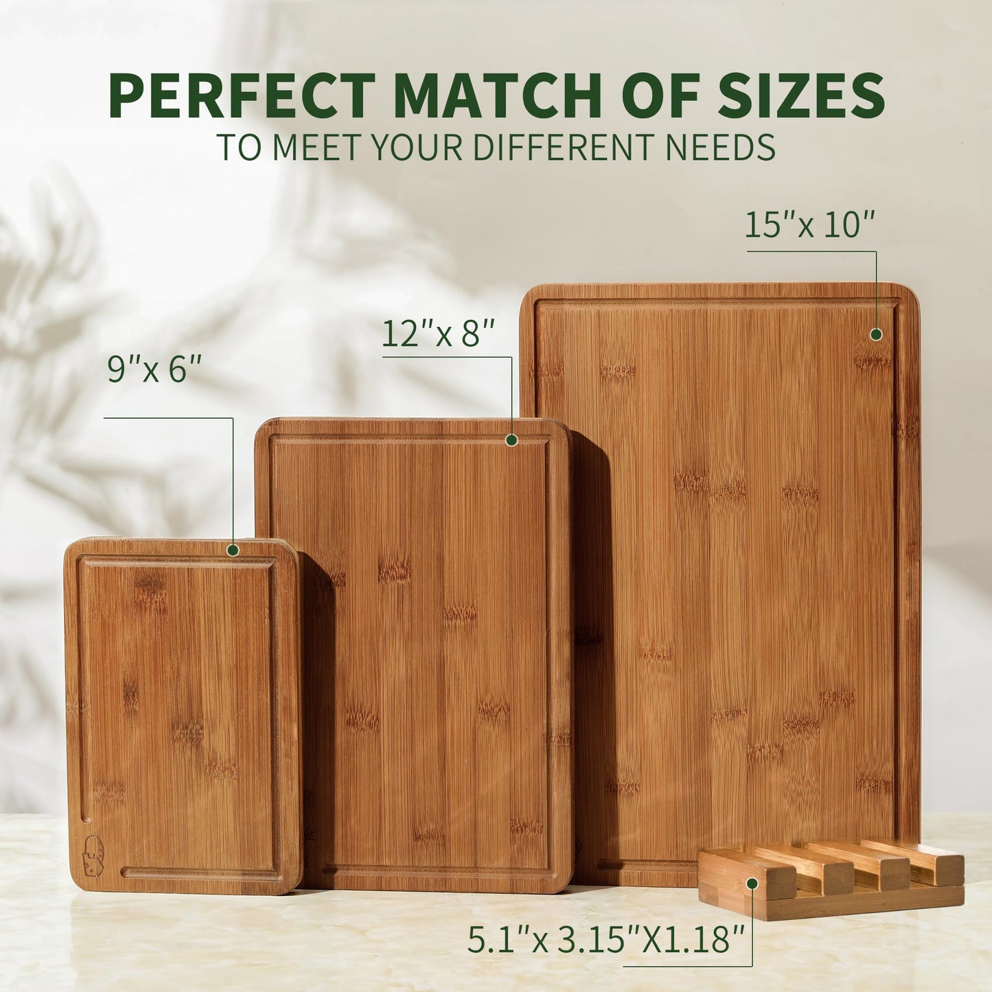 Bamboo Cutting Board for Kitchen with Juice Groove, Dark Butcher Block Chopping Boards, Checkered Wooden Cutting Boards Set of 3 with Stand, Knife-Friendly, Serving Tray