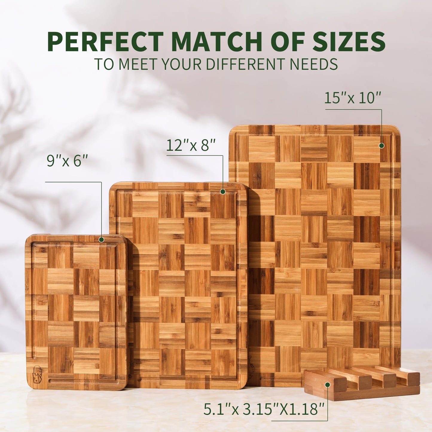 Bamboo Cutting Board for Kitchen with Juice Groove, End-Grain Butcher Block Chopping Boards, Checkered Wooden Cutting Boards Set of 3 with Stand, Knife-Friendly, Serving Tray