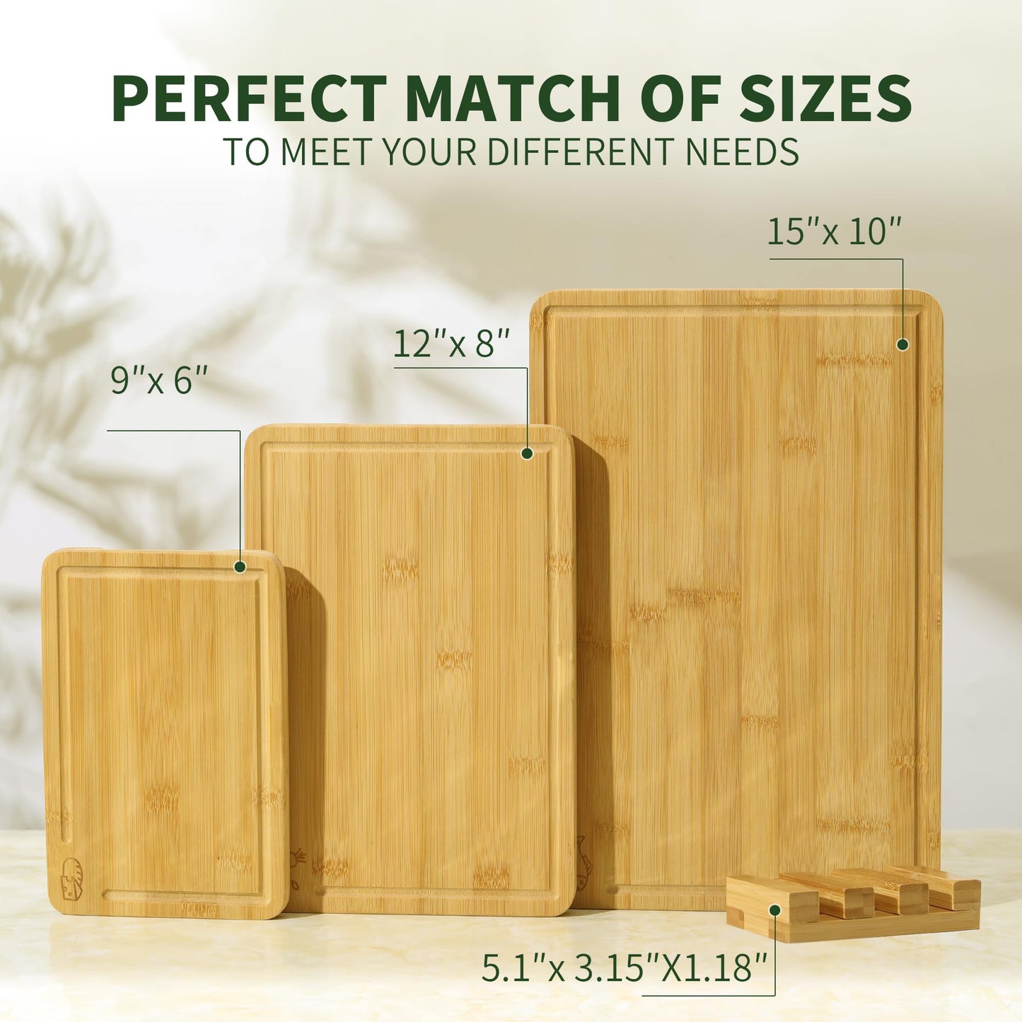 Bamboo Cutting Board for Kitchen with Juice Groove, Natural Butcher Block Chopping Boards, Checkered Wooden Cutting Boards Set of 3 with Stand, Knife-Friendly, Serving Tray