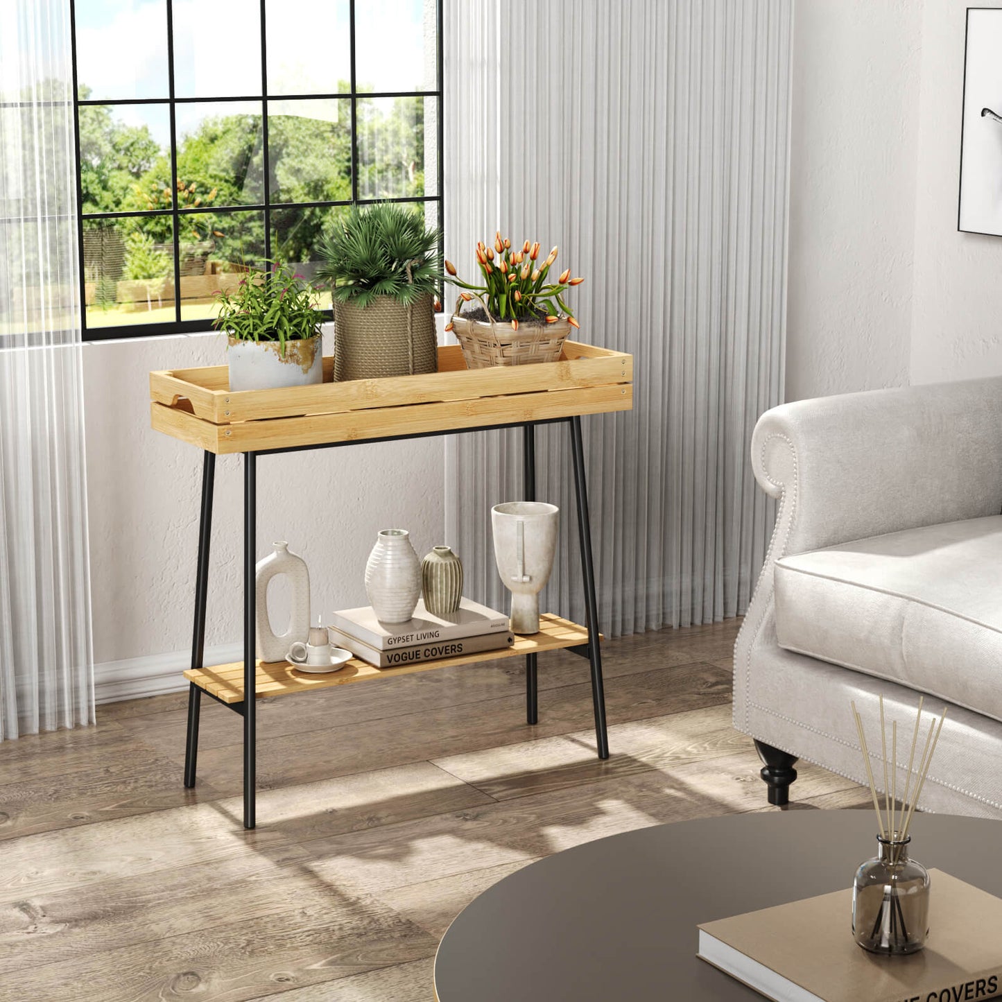 PLUSINTHEBOX 2-Tier Bamboo Plant Stand Table with Metal Legs