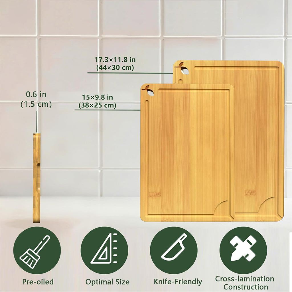Cutting Boards for Kitchen,Bamboo Cutting Board Set of 2, Large and X-Large Carbonized Chopping Boards with Deep Juice Grooves and Handles for Meat, Bread, Dough Kneading and Cheese