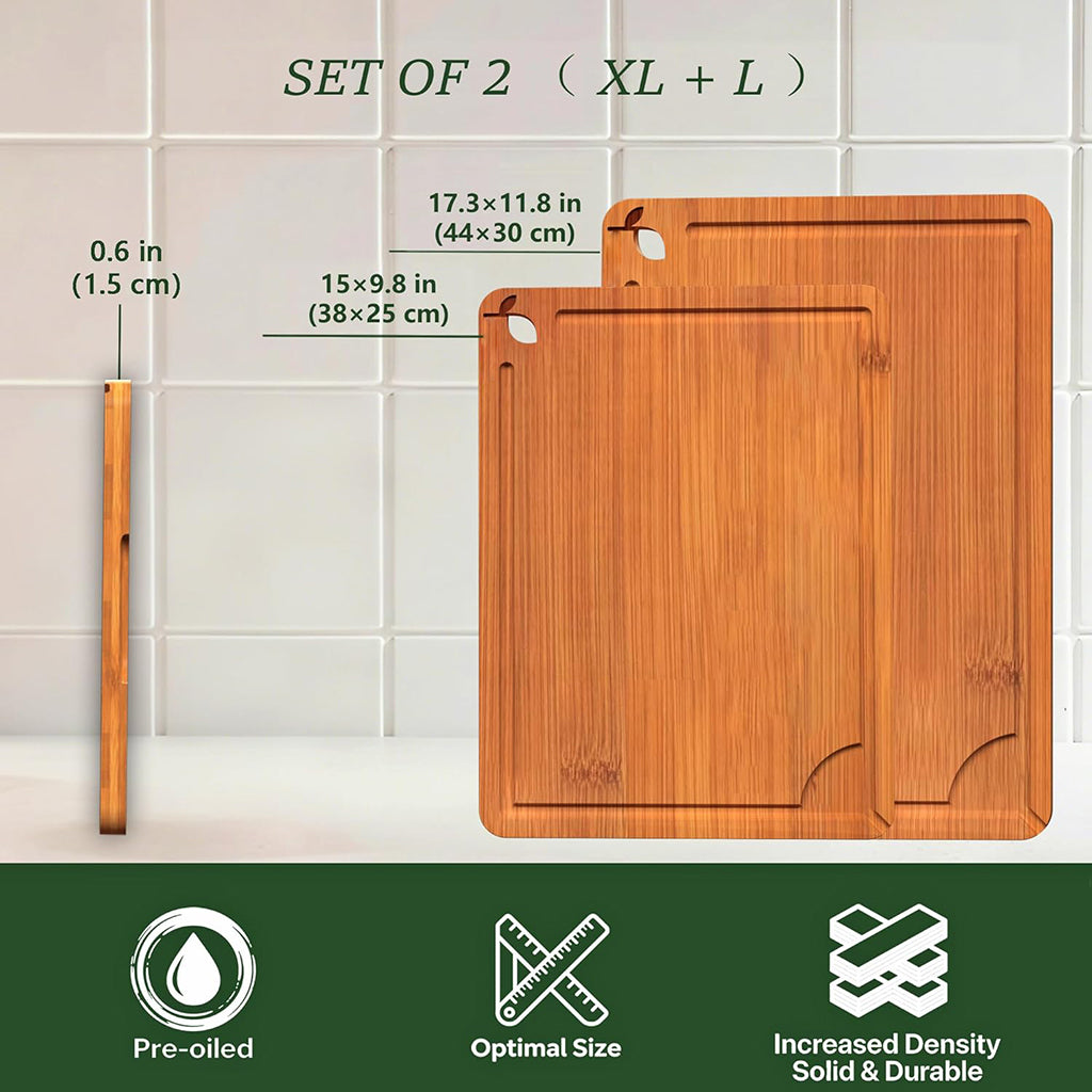 Cutting Boards for Kitchen,Bamboo Cutting Board Set of 2, Large and X-Large Carbonized Chopping Boards with Deep Juice Grooves and Handles for Meat, Bread, Dough Kneading and Cheese