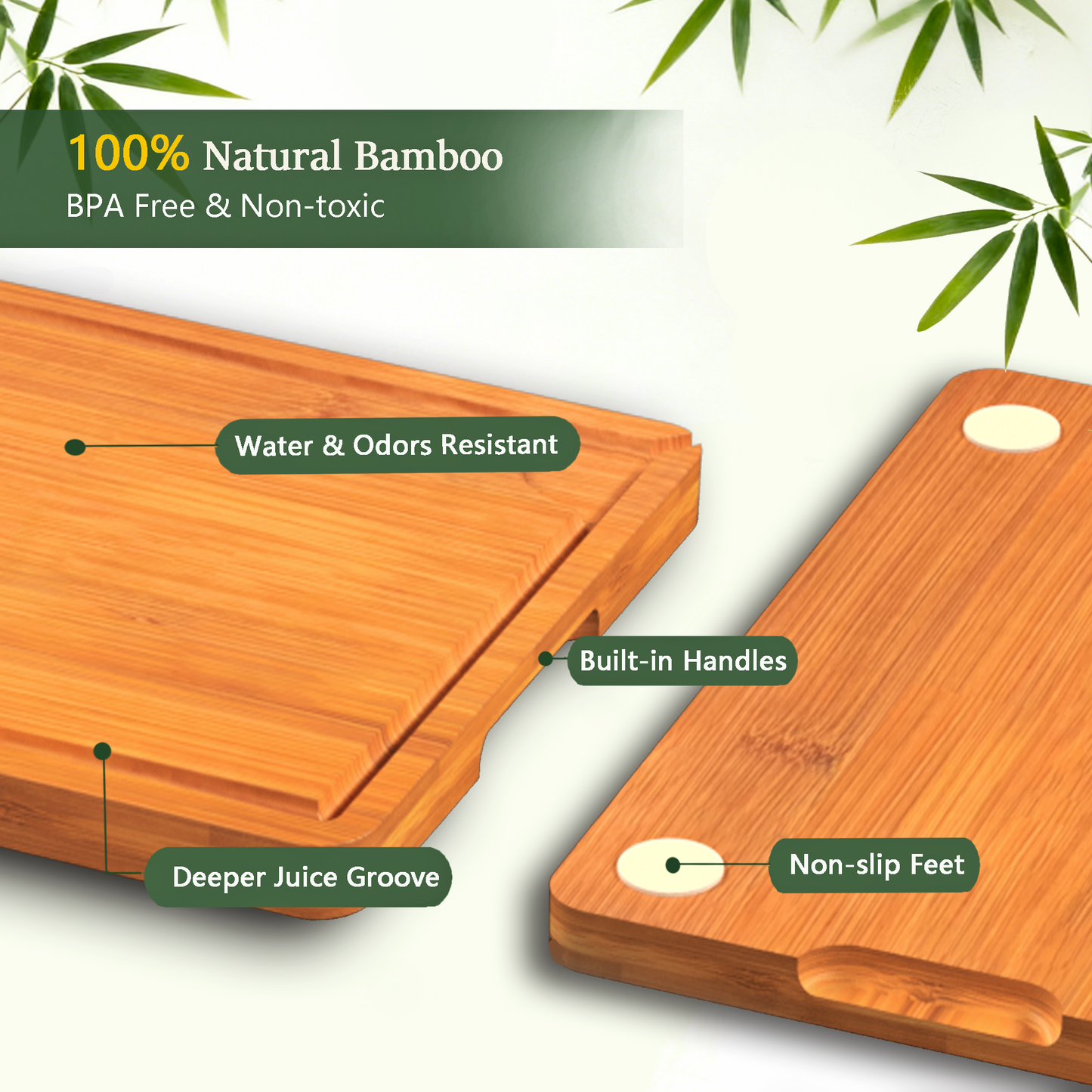 Cutting Boards for Kitchen, Bamboo Cutting Board Set of 3 with Storage Stand, Carbonized Chopping Boards with Deep Juice Grooves and Handles for Meat, Bread, Dough Kneading and Food Prep
