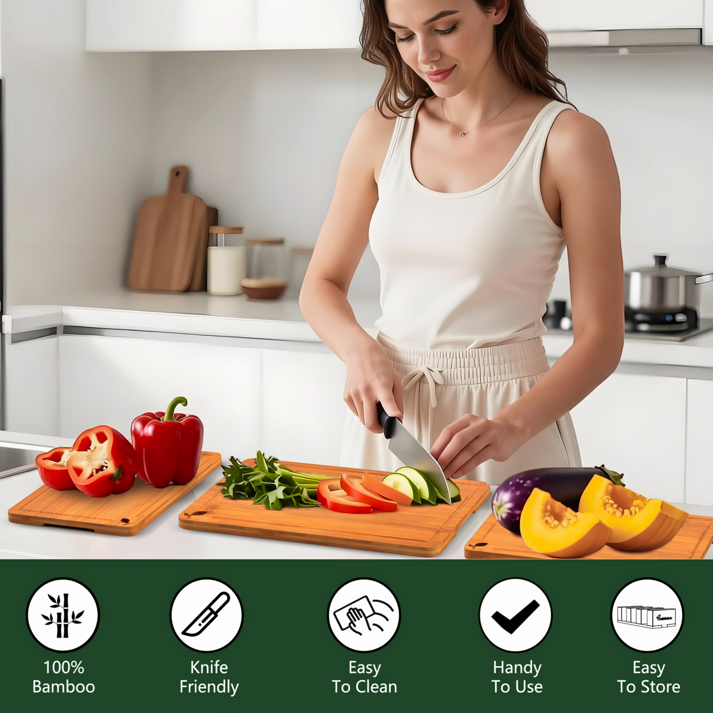 Cutting Boards for Kitchen, Bamboo Cutting Board Set of 3 with Storage Stand, Carbonized Chopping Boards with Deep Juice Grooves and Handles for Meat, Bread, Dough Kneading and Food Prep