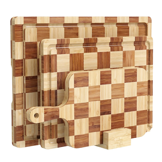 Cutting Board,Heavy Duty Cutting Board Set of 3 with Stand,End Grain Butcher Block Cutting Boards for Kitchen with Juice Grooves and Handles for Meat, Cheese, Charcuterie and Serving