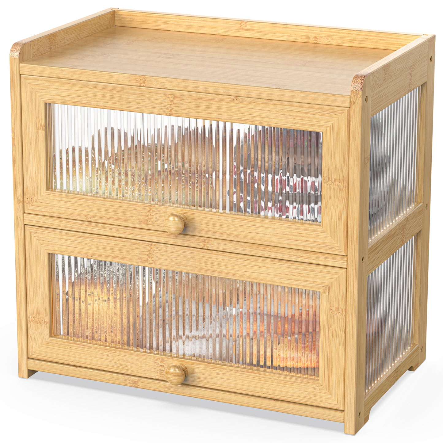 Bamboo Bread Box with 3 Sides Wavy & Back Clear Window (2 Tier)