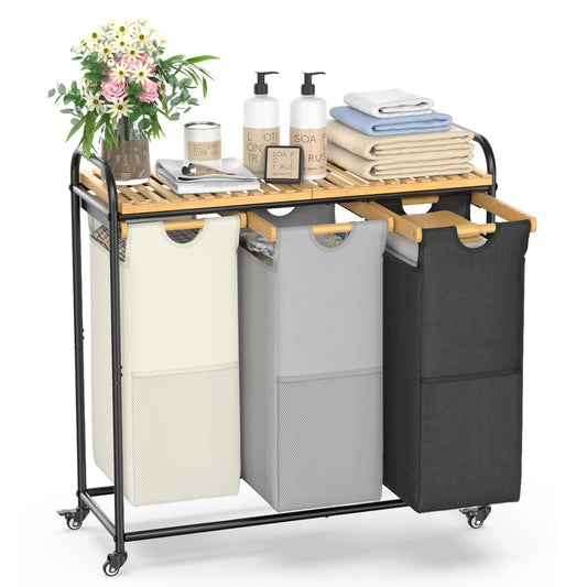 120L Bamboo Freestanding Laundry Hamper With Wheels, Storage Shelf and 3 Sliding Bag