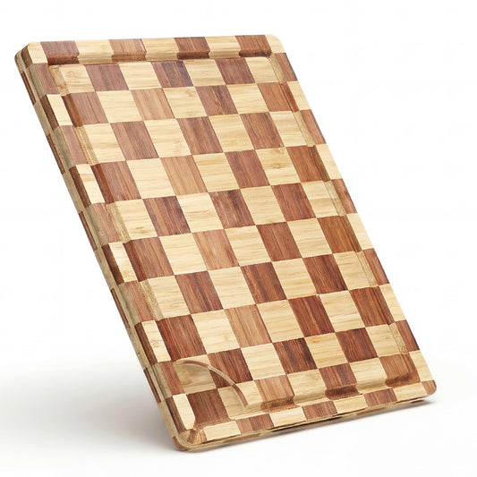 Bamboo Cutting Board 17" x 12", Heavy Duty Checkered End Grain Butcher Block for Kitchen with Deep Juice Grooves and Handles for Meat, Cheese, Charcuterie and Gifting