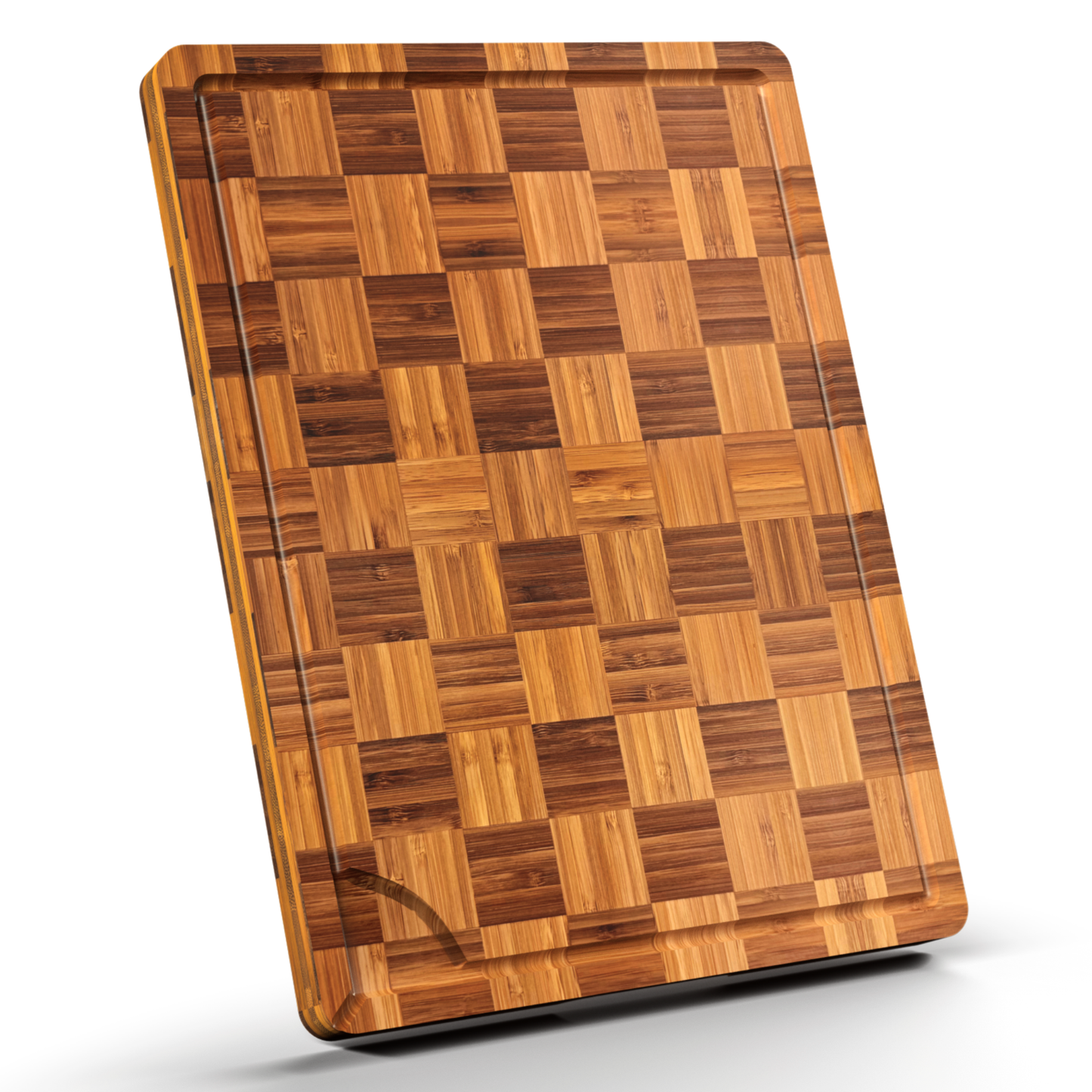 Bamboo Cutting Board 17" x 12", Heavy Duty Checkered End Grain Butcher Block for Kitchen with Deep Juice Grooves and Handles for Meat, Cheese, Charcuterie and Dough