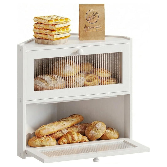Corner Bread Box for Kitchen Countertop, Double Layer Bamboo Bread Storage Container with Wavy Windows, Farmhouse Large Bread Bin, Wooden Breadbox Holder for Homemade Bread (White)