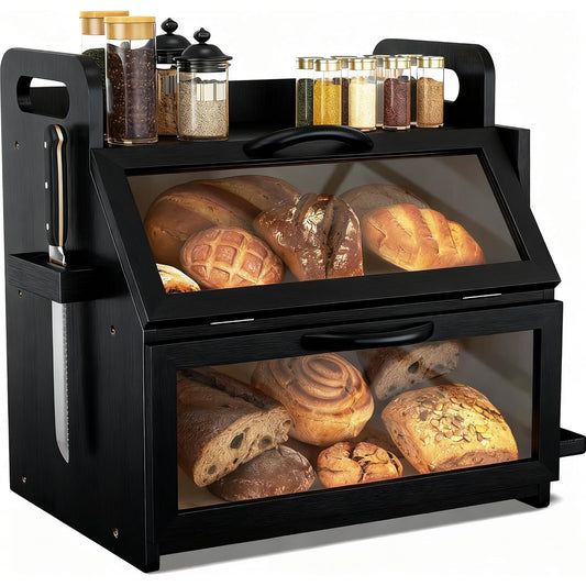 Extra Large Bread Box, Double Layer Bread Box for Homemade Bread, Bamboo Wooden Bread Storage Container with Tool Holder & Handles & Window, Assembly Required(14.9" x 11" x 15.3") Black