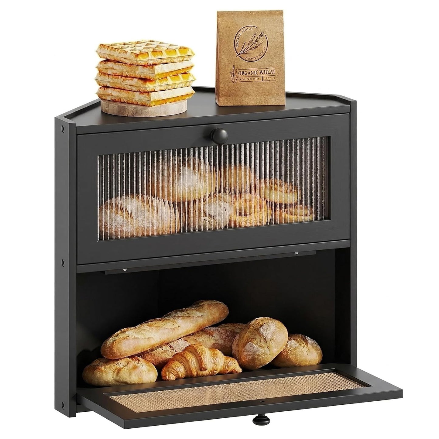 Corner Bread Box for Kitchen Countertop, Double Layer Bamboo Bread Storage Container with Wavy Windows, Farmhouse Large Bread Bin, Wooden Breadbox Holder for Homemade Bread (Black)