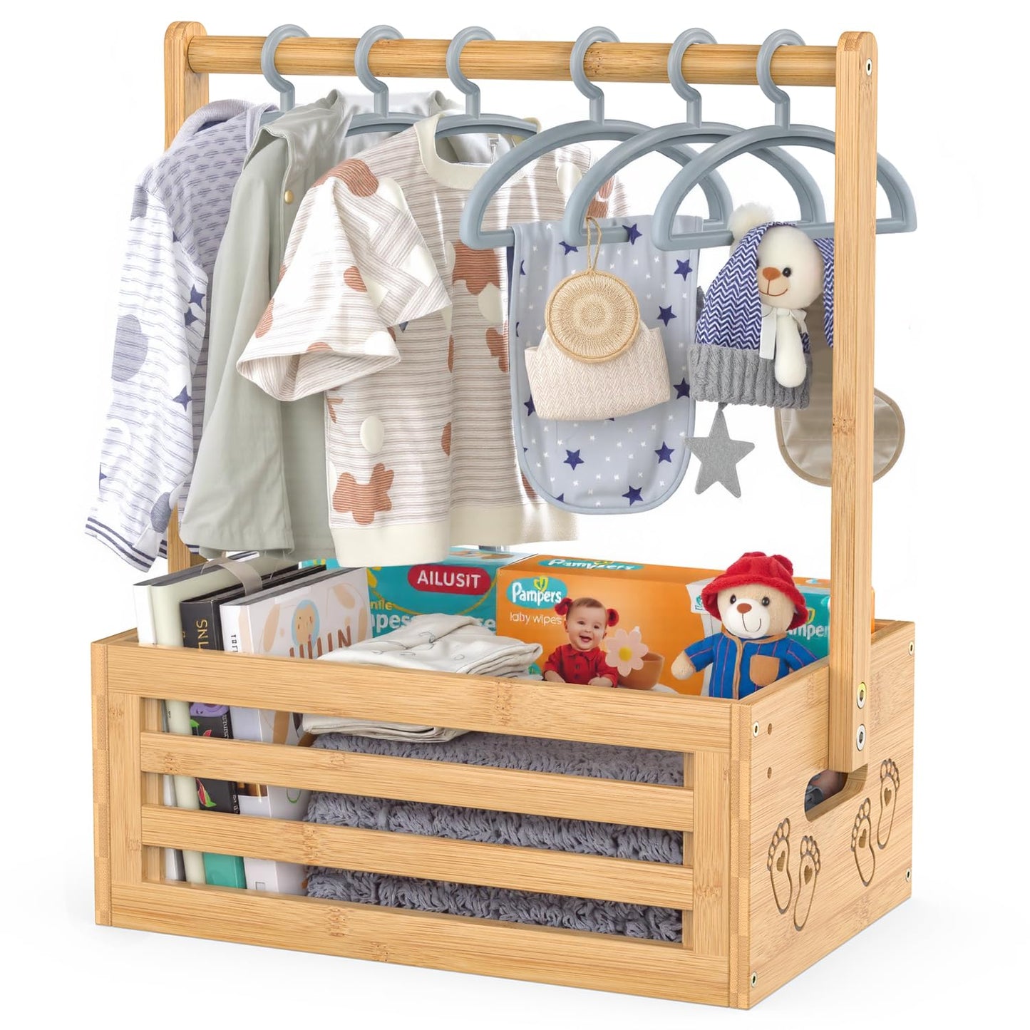 Baby Shower Crate Closet, Baby Baskets with Hangers Handle, Baby Crate Box for Baby Shower, Welcome Gift Basket for Newborn Baby, Pregnancy Gift for New Parents (Natural, Small Size)