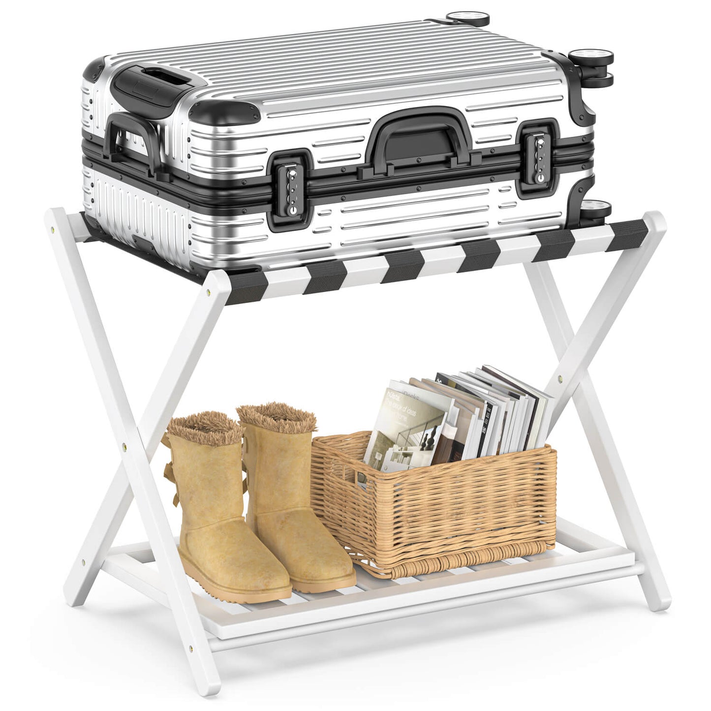 Folding Bamboo Luggage Rack with 6 Nylon Straps (White)