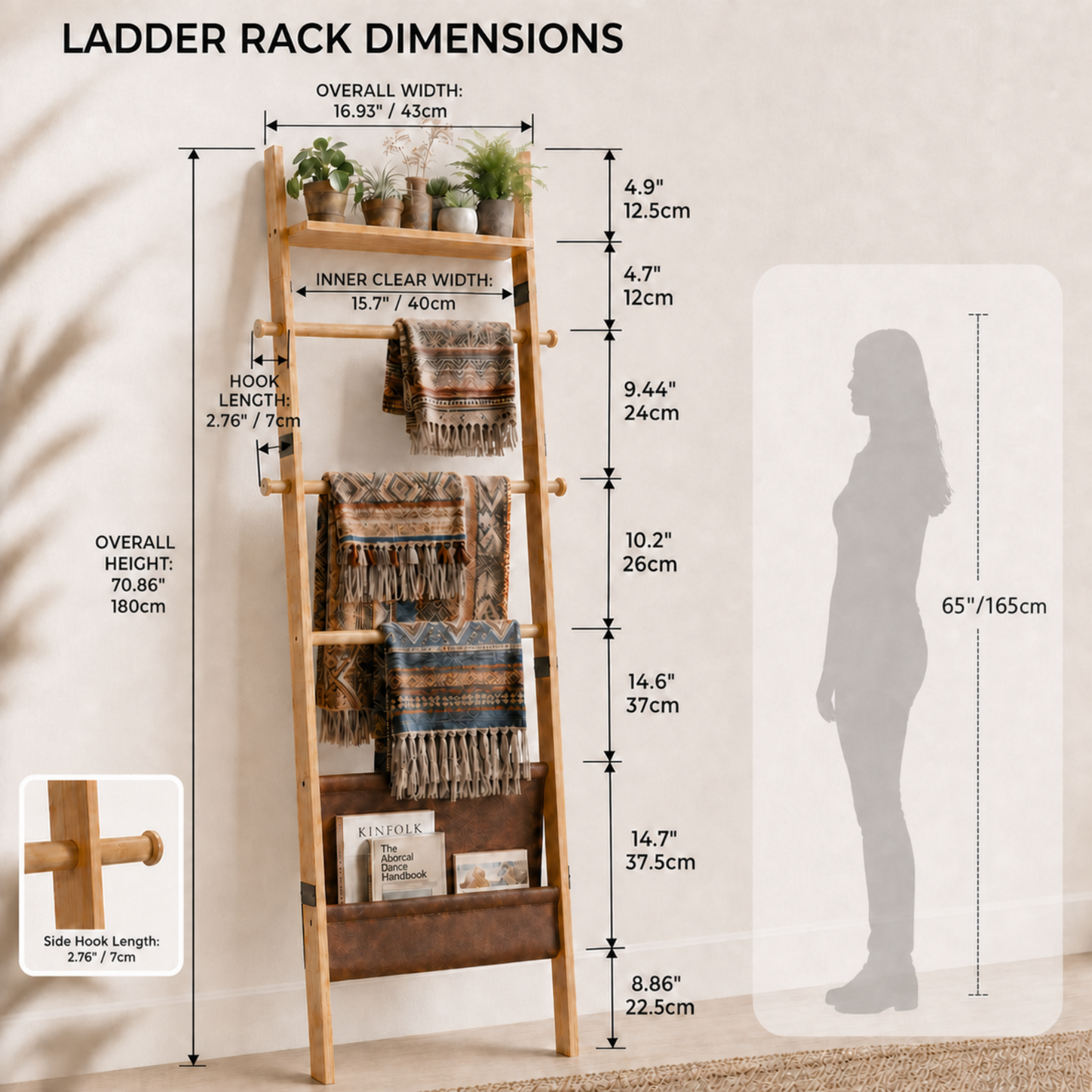 4-in-1 Bamboo Blanket Ladder 5-Tier Storage Rack with Magazine Pocket & Hooks for Living Room