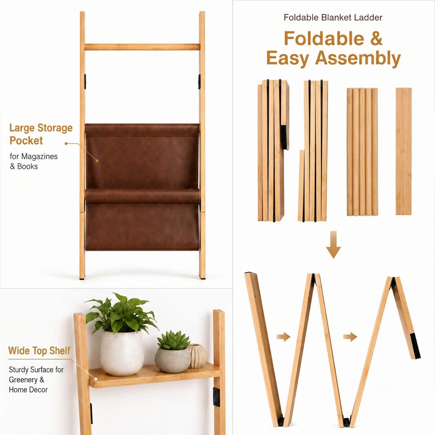 4-in-1 Bamboo Blanket Ladder 5-Tier Storage Rack with Magazine Pocket & Hooks for Living Room