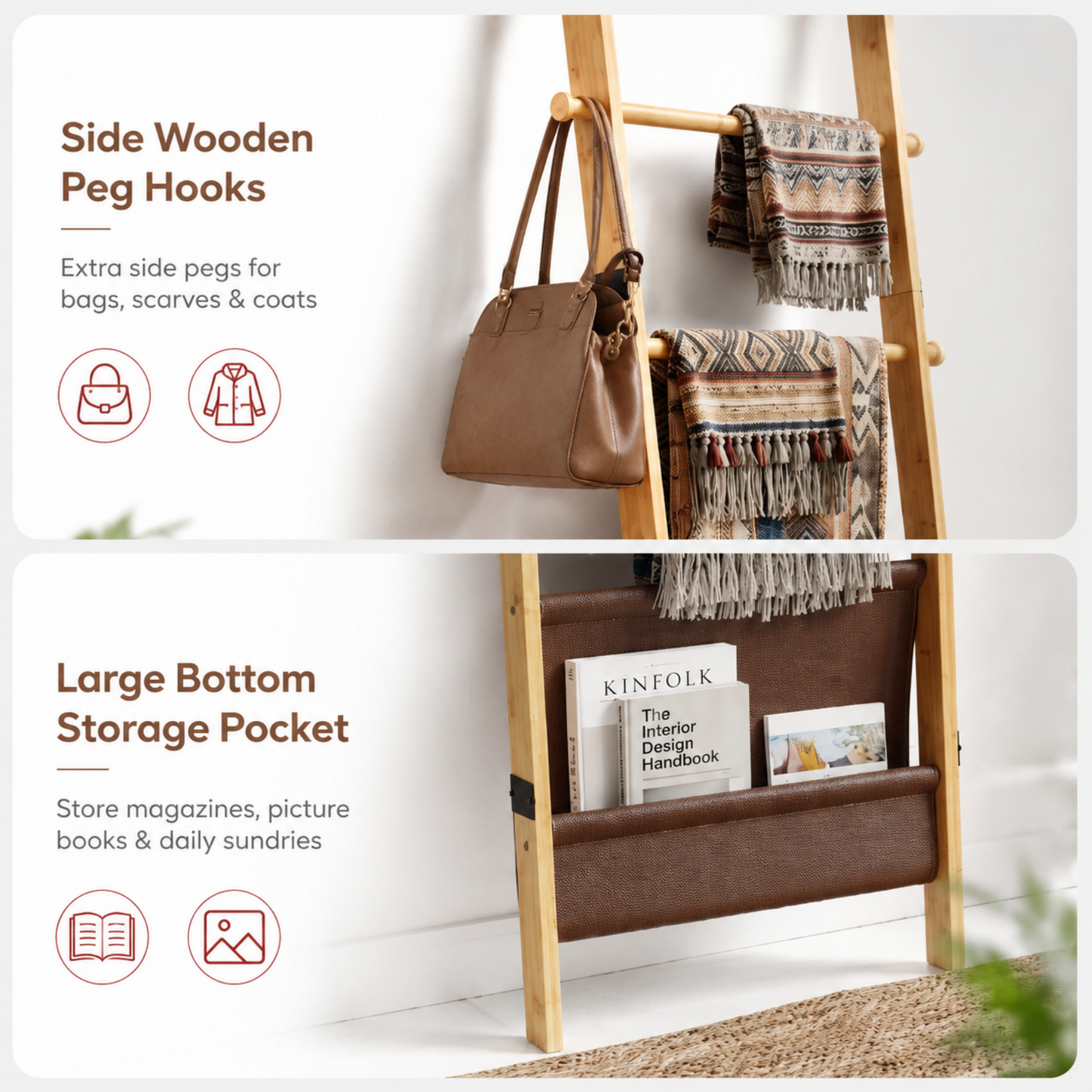4-in-1 Bamboo Blanket Ladder 5-Tier Storage Rack with Magazine Pocket & Hooks for Living Room