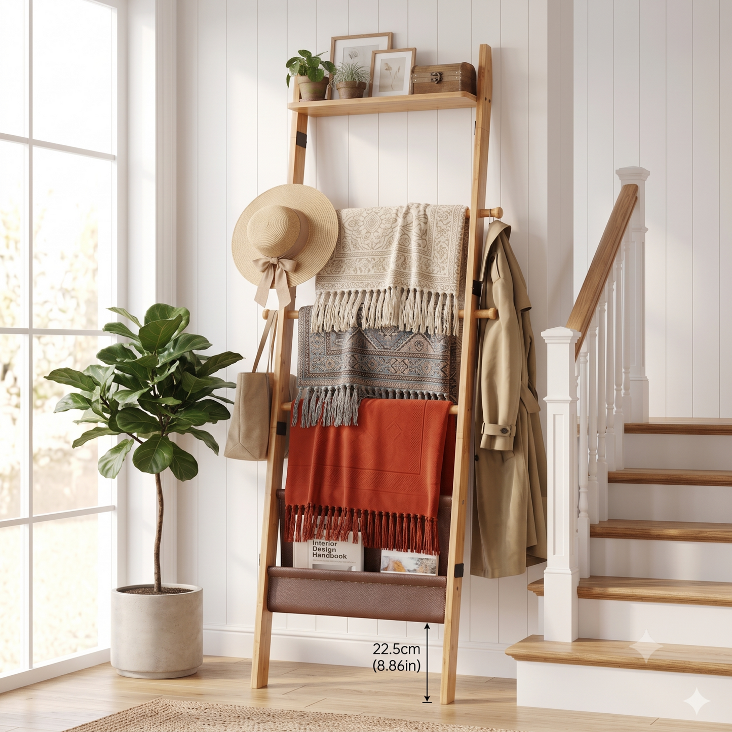 4-in-1 Bamboo Blanket Ladder 5-Tier Storage Rack with Magazine Pocket & Hooks for Living Room
