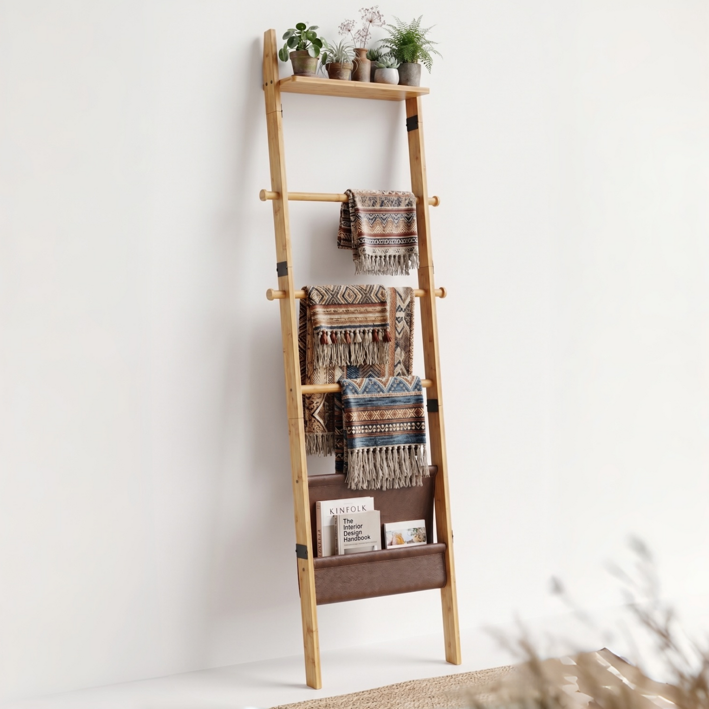 4-in-1 Bamboo Blanket Ladder 5-Tier Storage Rack with Magazine Pocket & Hooks for Living Room