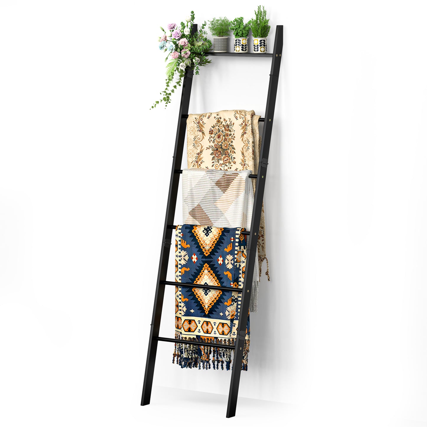 6-Tier Wall Leaning Blanket Ladder Shelf (Black)