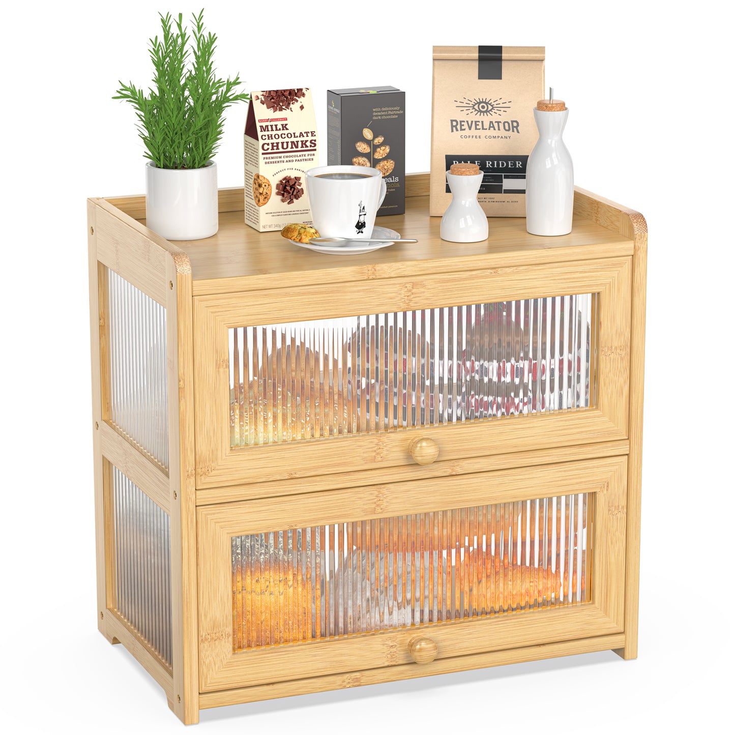 Bamboo Bread Box with 3 Sides Wavy & Back Clear Window (2 Tier)