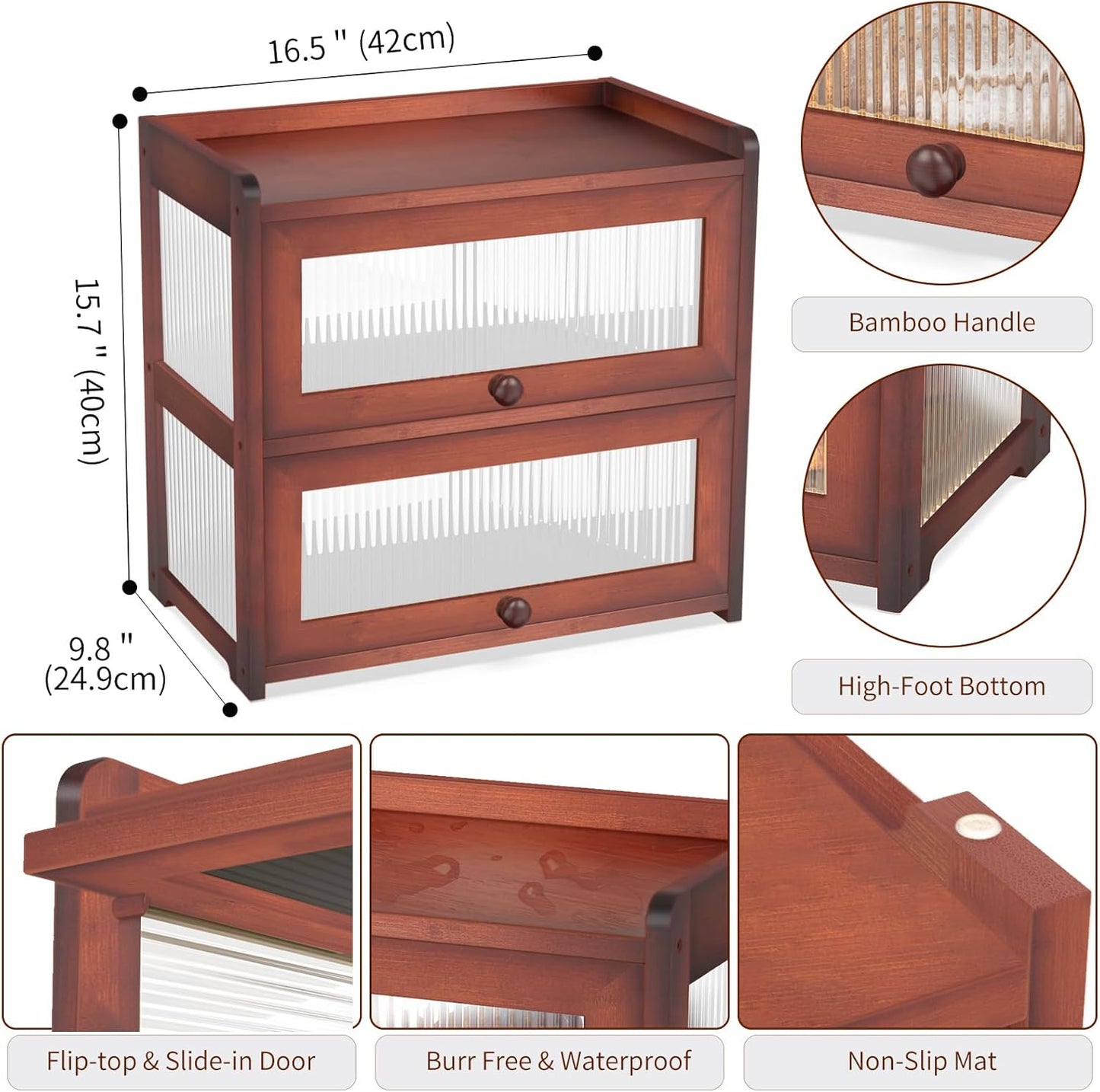 Extra Large Bamboo Bread Box for Kitchen Counter, Double Layer Bread Storage Container Farmhouse Bread Box with 4 Sides Transparency, Breadbox Bin Holder for Homemade Bread, Brown
