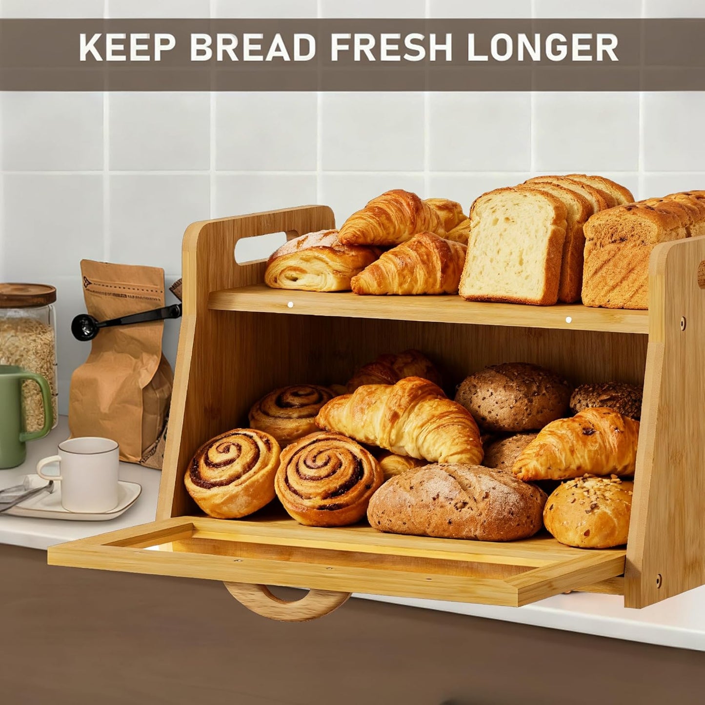 Extra Large Bread Box, Bread Box for Homemade Bread, Bamboo Wooden Bread Storage Container with Tool Holder & Handles & Window, Assembly Required(14.9" x 9.8" x 9.4") Natural