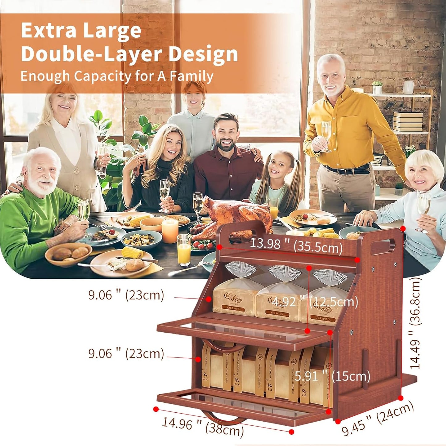 Extra Large Bread Box, Double Layer Bread Box for Homemade Bread, Bamboo Wooden Bread Storage Container with Tool Holder & Handles & Window, Assembly Required(14.9" x 11" x 15.3") Brown