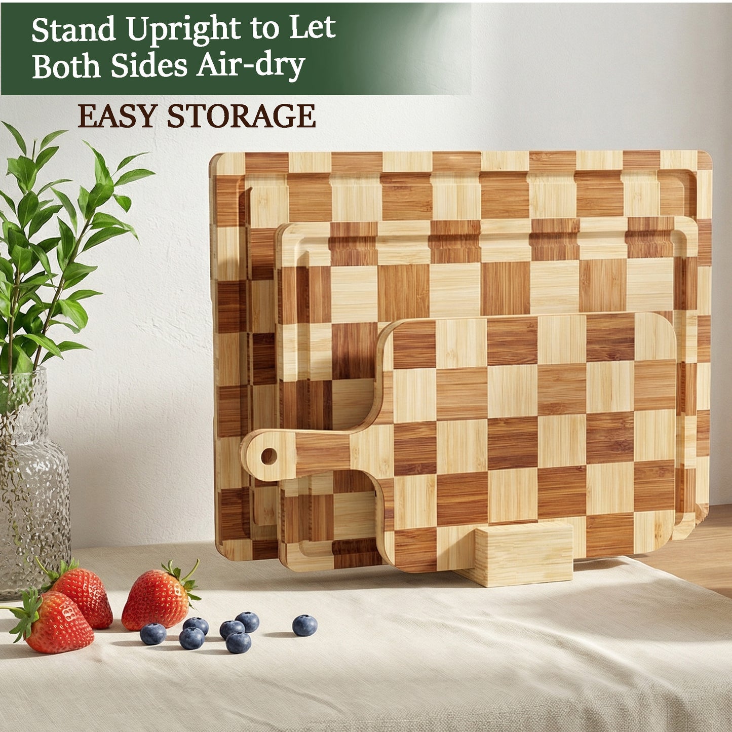 Cutting Board,Heavy Duty Cutting Board Set of 3 with Stand,End Grain Butcher Block Cutting Boards for Kitchen with Juice Grooves and Handles for Meat, Cheese, Charcuterie and Serving