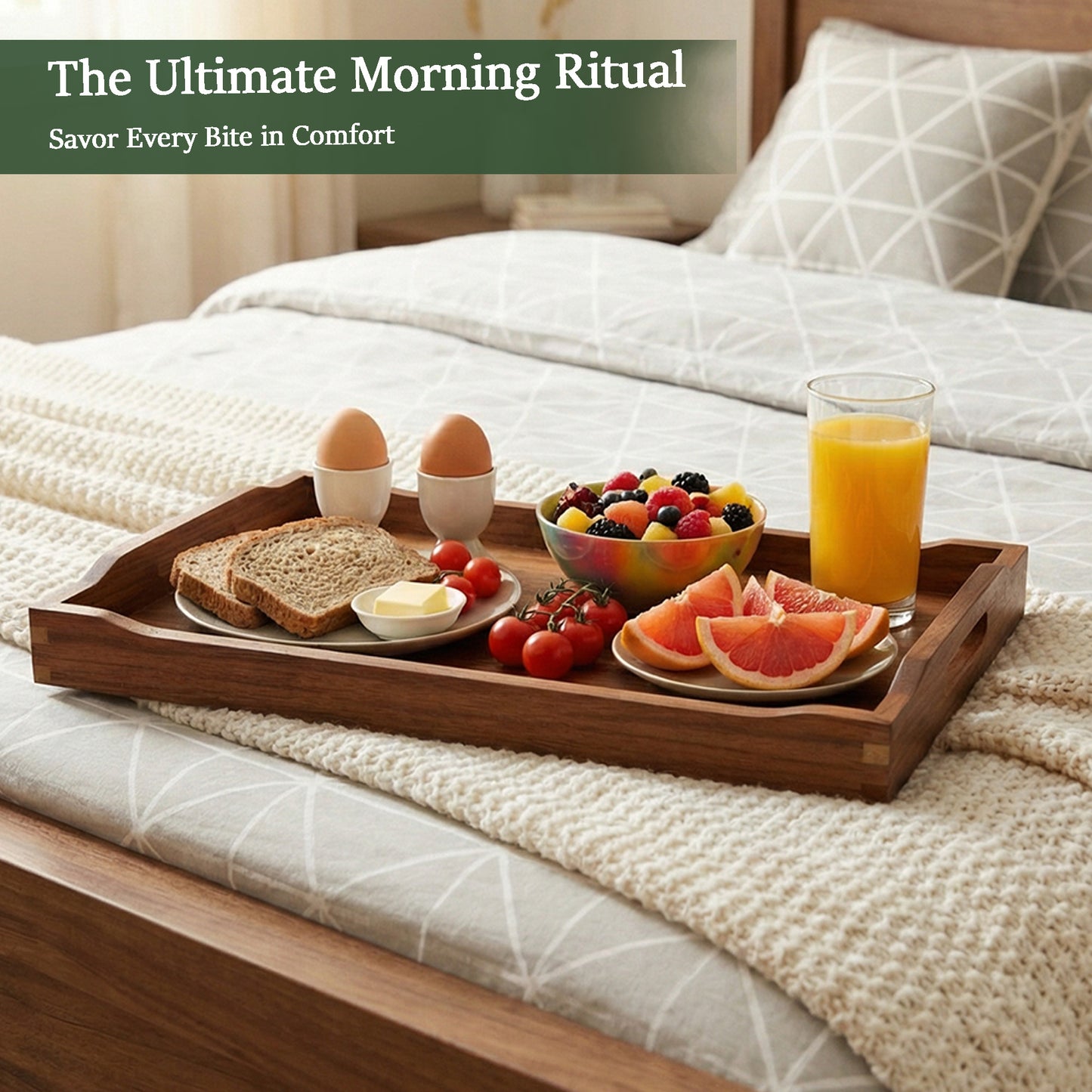 Acacia Wood Serving Tray with Handles, Rectangular Wooden Ottoman Tray for Coffee Table, Breakfast in Bed, Drinks, Kitchen Countertop and Home Decor