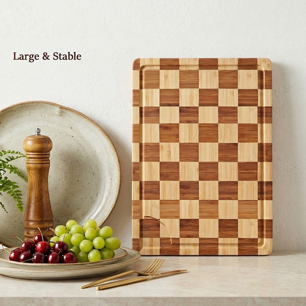 Bamboo Cutting Board 17" x 12", Heavy Duty Checkered End Grain Butcher Block for Kitchen with Deep Juice Grooves and Handles for Meat, Cheese, Charcuterie and Gifting