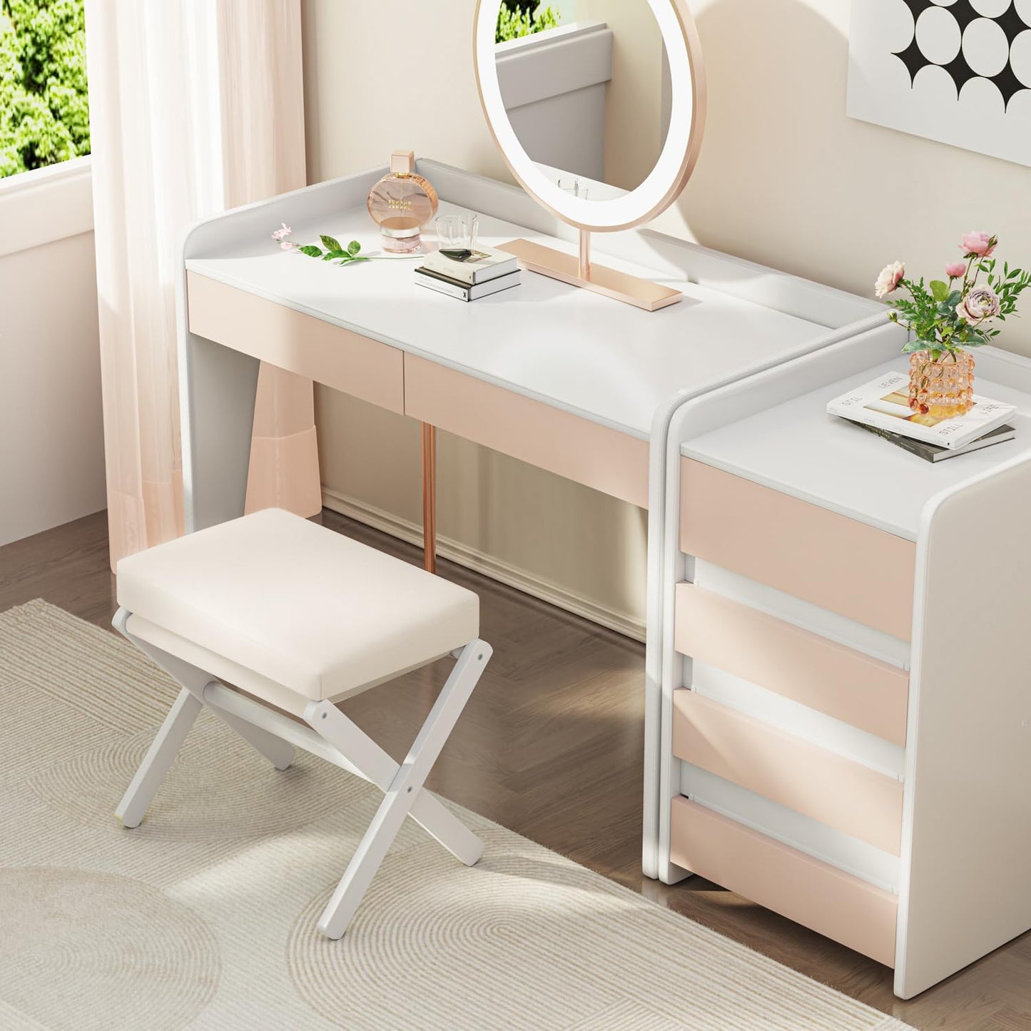 Foldable Foot Stool Ottoman, Modern Foot Rest with Bamboo X Legs & Thick Foam Cushion, Folding Foot Stools Small Padded for Bedroom Living Room, Footstool for Chair Couch (White - White)