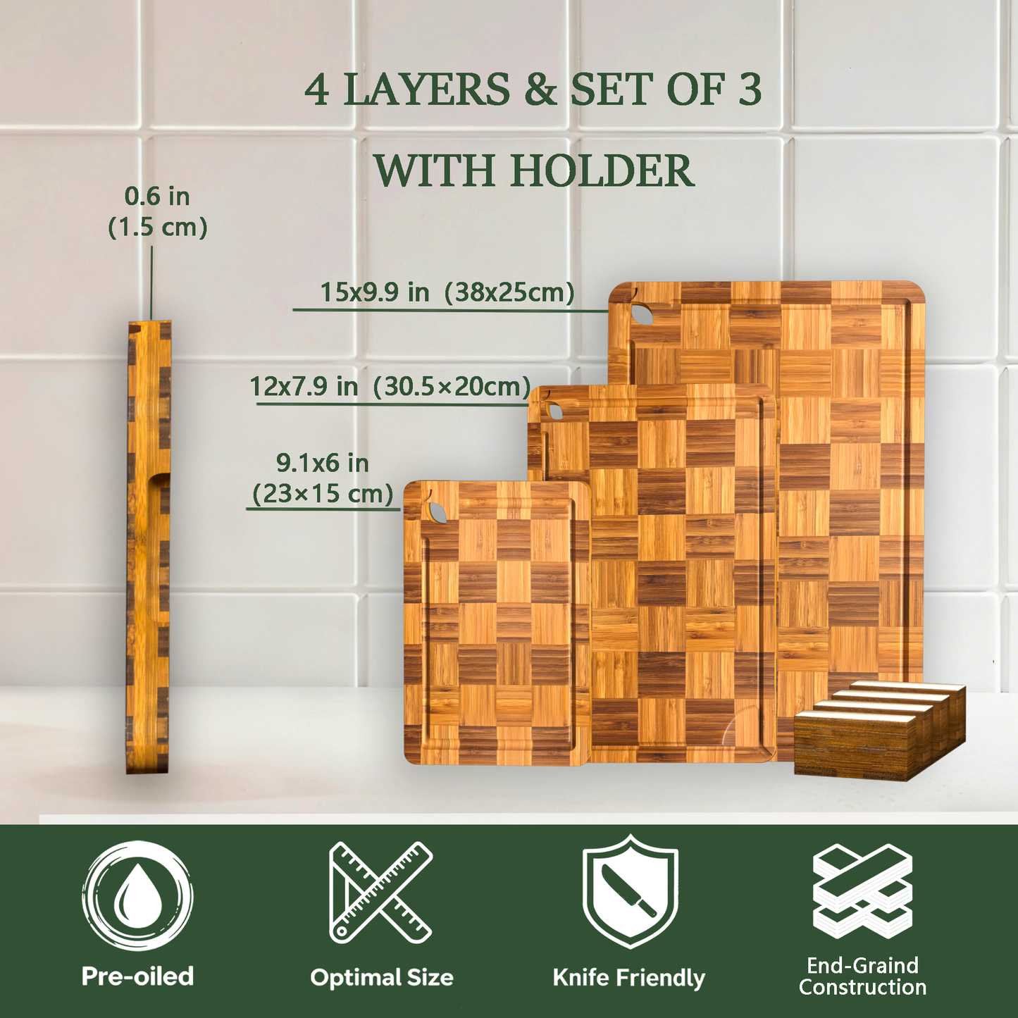 Bamboo Cutting Board Set of 3 with Stand, Checkered End Grain Cutting Boards for Kitchen with Deep Juice Grooves for Meat, Cheese, Charcuterie and Kitchen Prep