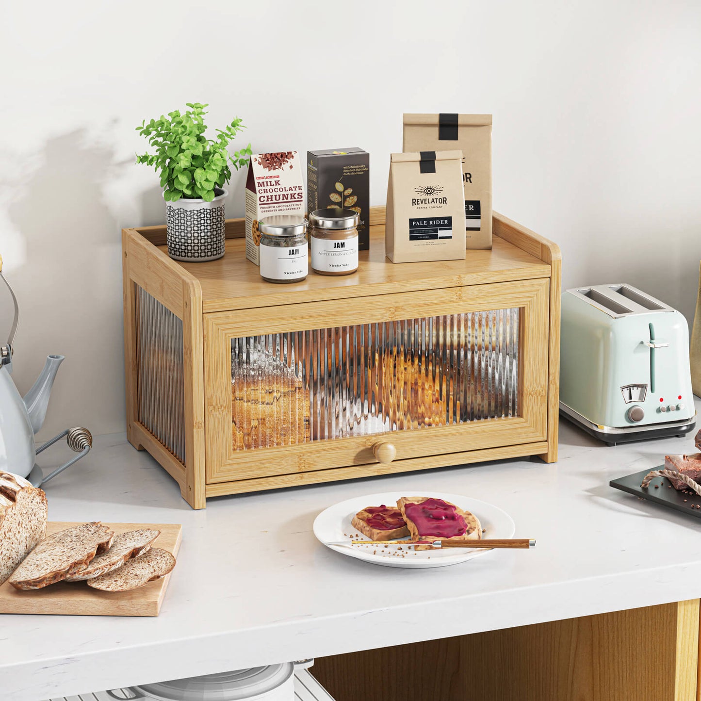 PLUSINTHEBOX Bamboo Bread Box with 3 Sides Wavy & Back Clear Window