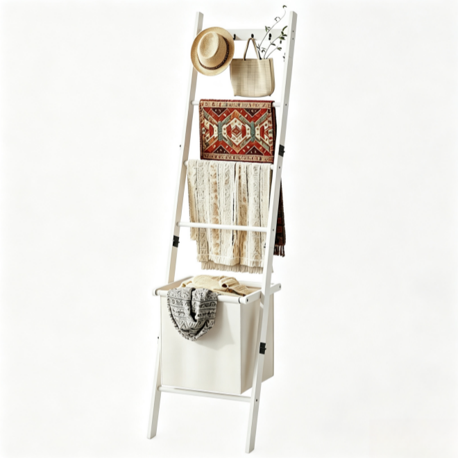 5-Tier Bamboo Blanket Ladder with Storage Basket - Wall-Leaning Quilt Rack & Towel Stand (White)