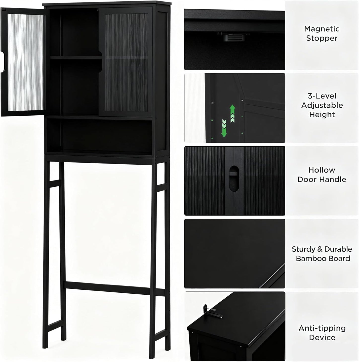 Over The Toilet Storage Cabinet, Bamboo Bathroom Over Toilet Storage Organizer with Adjustable Shelves and Double Doors, Above Toilet Storage Cabinet (Black)