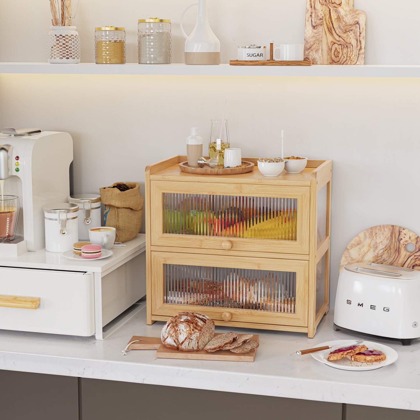 Bamboo Bread Box with 3 Sides Wavy & Back Clear Window (2 Tier)