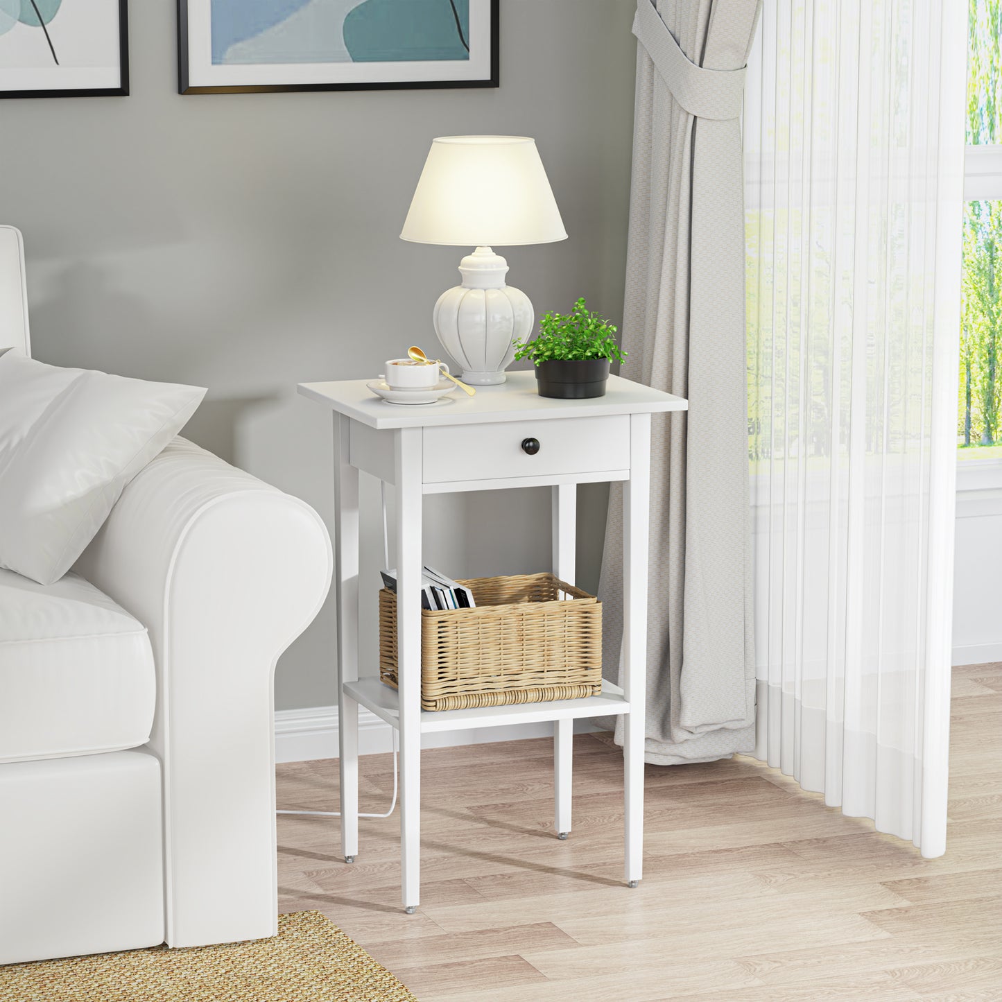 Bamboo Drawer Nightstand, Side Table with Open Shelf for Bedroom