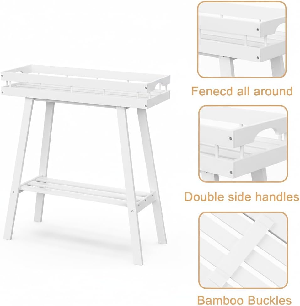 Bamboo Plant Stand Indoor, 2 Tier Small Plant Table, Tall Plant Stand for Indoor Plants, Window Sill Plant Shelf, Flower Pot Holder Plant Bench Plant Rack for Living Room, White