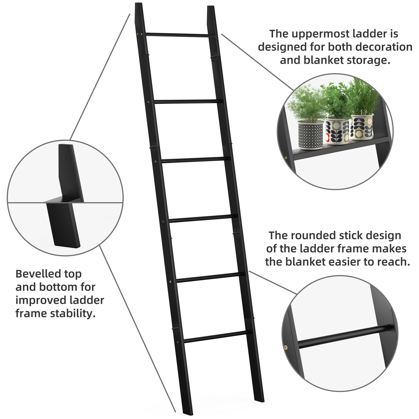 6-Tier Wall Leaning Blanket Ladder Shelf (Black)