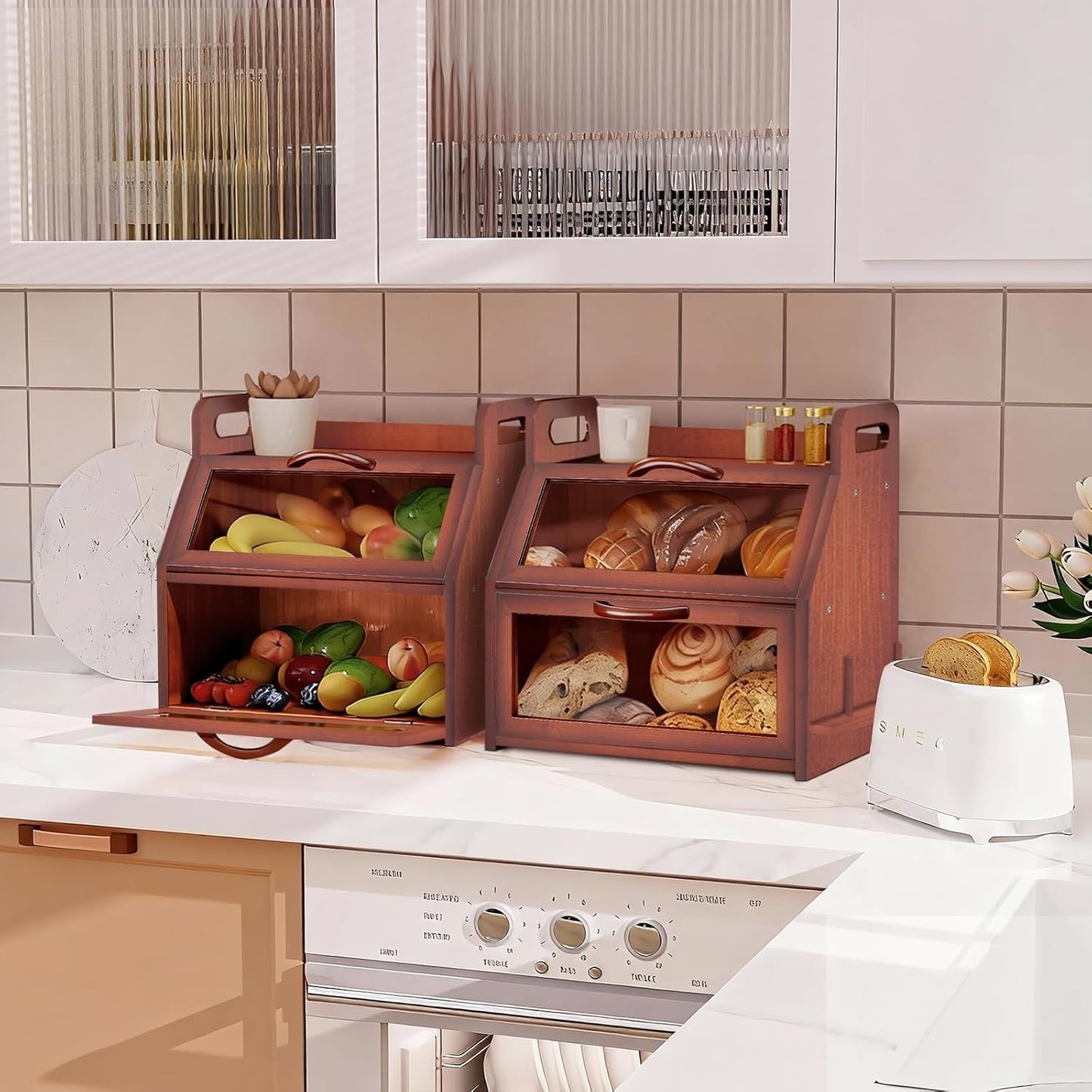 Extra Large Bread Box, Double Layer Bread Box for Homemade Bread, Bamboo Wooden Bread Storage Container with Tool Holder & Handles & Window, Assembly Required(14.9" x 11" x 15.3") Brown