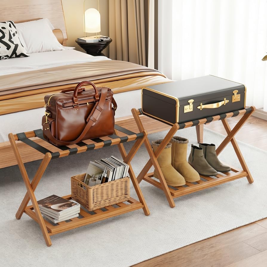 Bamboo Luggage Rack for Guest Room, Wide Suitcase Stand with Storage Shelf, Folding Luggage Stand Holder for Bedroom Hotel, 26.77" Thickened Luggage Rack for Suitcases, Tea brown